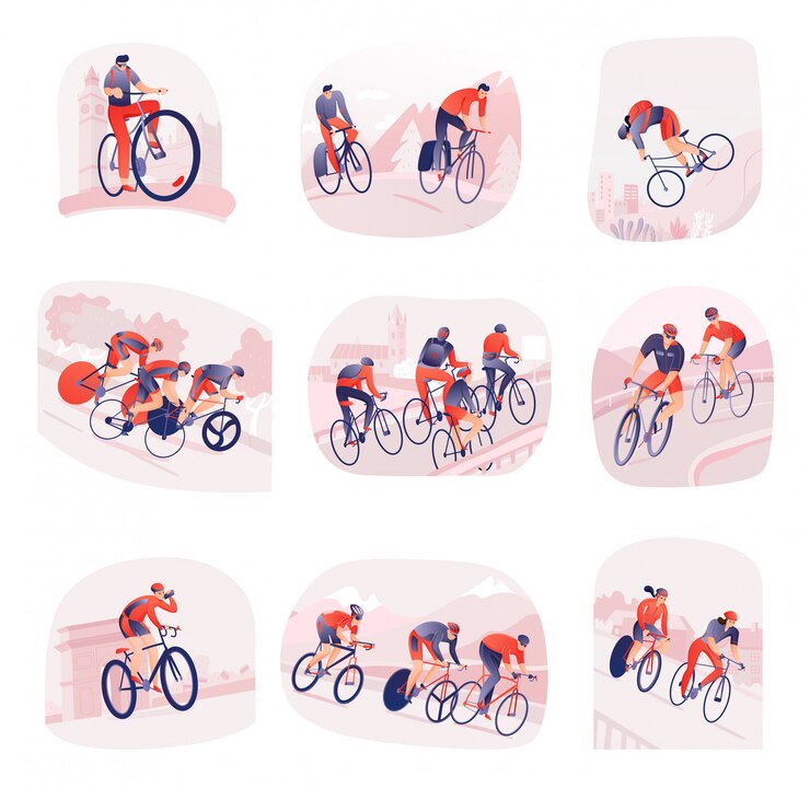 Free Vector set of compositions with bicyclists during cycling tour on  of city or nature isolated 