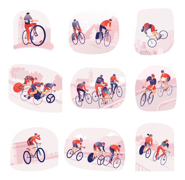 Insieme di composizioni con i ciclisti durante il giro in bicicletta della città o della natura isolata