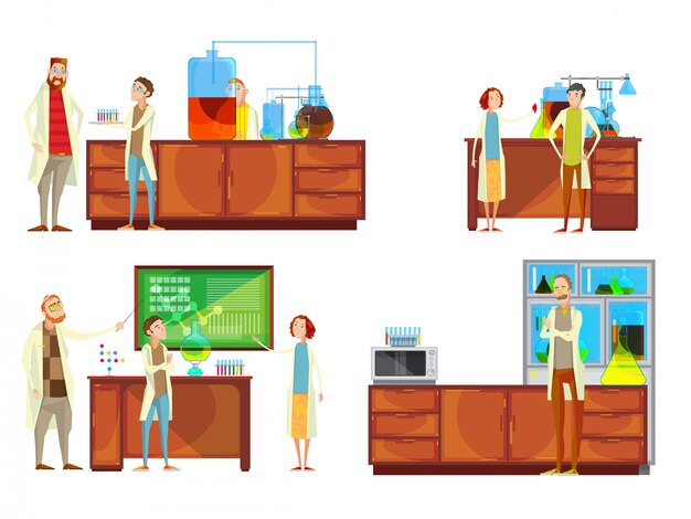 Set of compositions with teacher and student doodle characters in the chemical laboratory teaching r