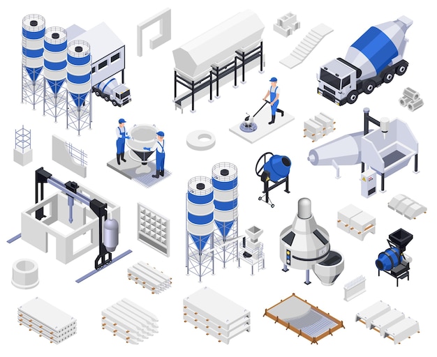 Set of concrete cement production isometric icons with vehicles people and industrial machines on blank background vector illustration