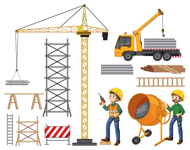 Set of construction site objects and workers