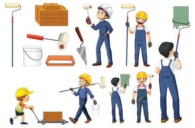 Free vector set of construction site objects and workers