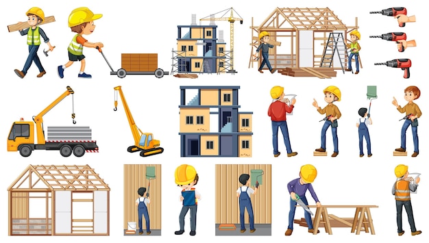 Free vector set of construction site objects and workers