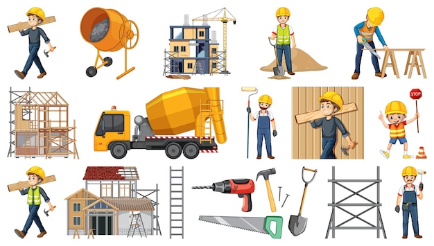 Set of construction site objects and workers