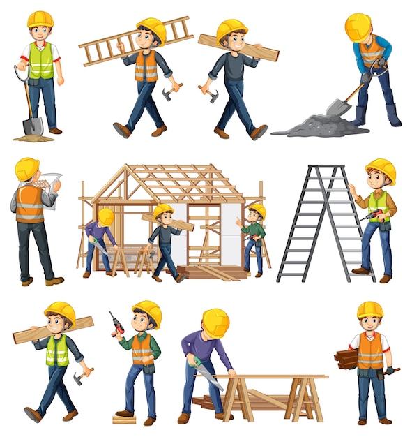 Set of construction site objects and workers