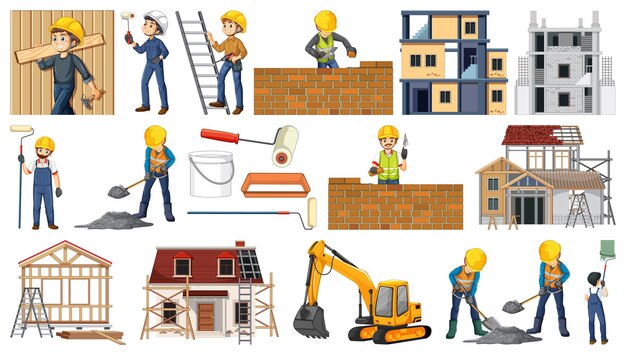 Set of construction site objects and workers