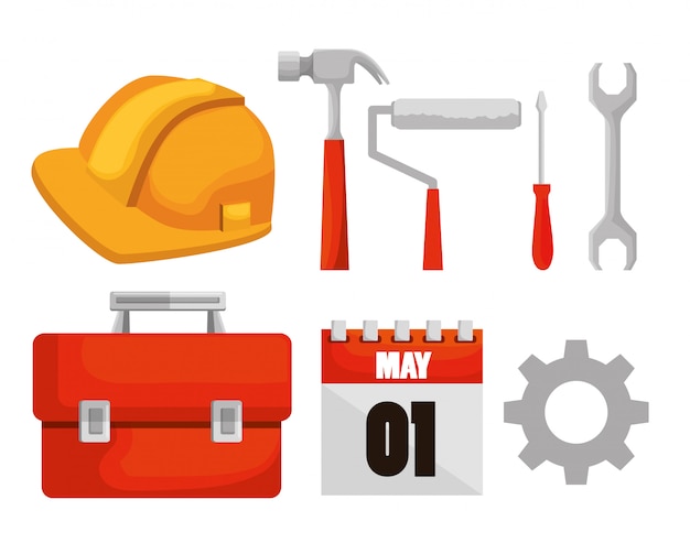 Vettore gratuito impostare strumenti di costruzione e calendario per la festa del lavoro