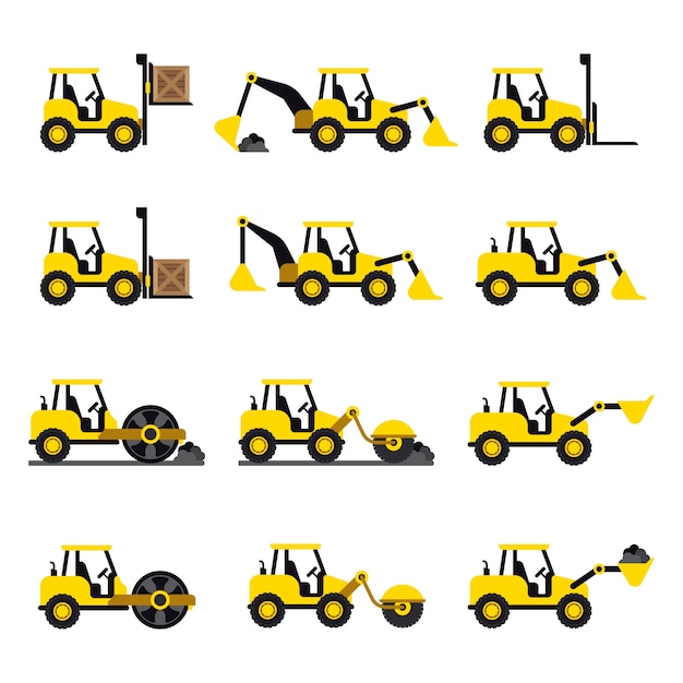 Free vector a set of construction vehicles icons in flat style