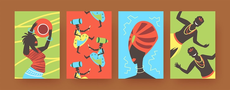 Free Vector set of contemporary art posters with african tribal dancing.  illustration.