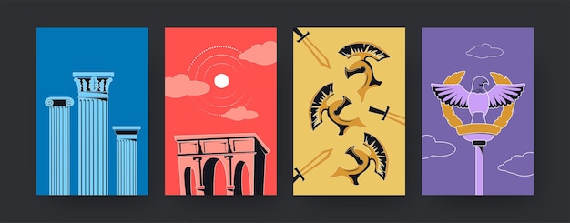 Free vector set of contemporary art posters with ancient symbols of rome.  illustration.
