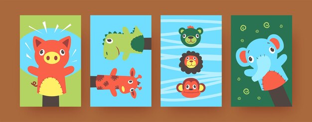 set of contemporary art posters with cute hand sock puppets