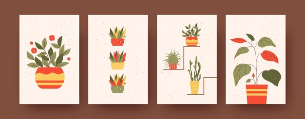 꽃과 정원을 주제로 한 현대 미술 포스터 세트. 벡터 일러스트 레이 션. 다채로운 화분에 식물의 컬렉션