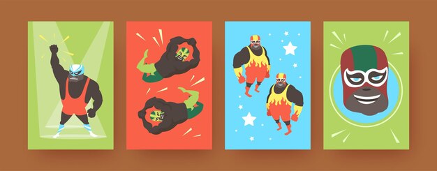 Set of contemporary art posters with Mexican wrestler fighters.  illustration.