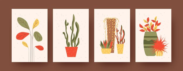 식물과 꽃이 있는 현대 미술 포스터 세트. 벡터 일러스트 레이 션. 다른 조합의 꽃 냄비에 식물 컬렉션