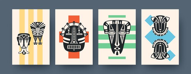 Set of contemporary art posters with ritual masks. Vector illustration. Collection of african tribal masks