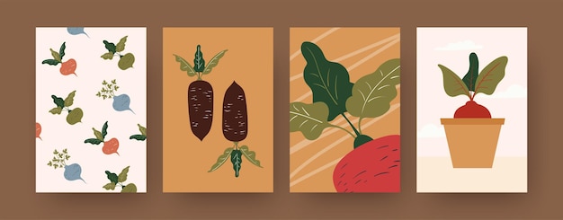 Set of contemporary art posters with root vegetables