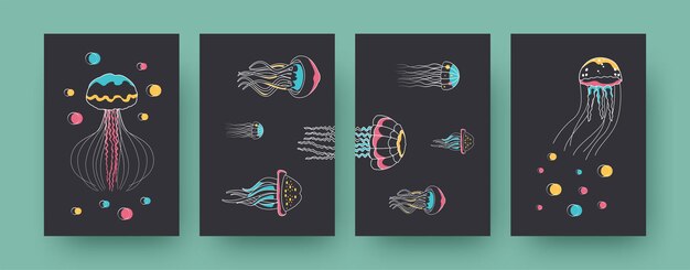 Set of contemporary posters with different medusas. Jellyfishes swimming up and sideways pastel vector illustrations