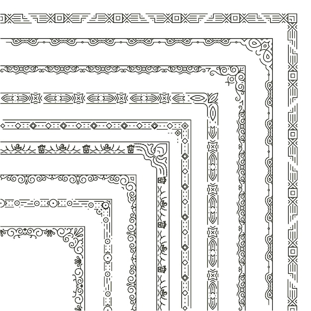 Vettore gratuito insieme dell'illustrazione dei bordi d'angolo. cornice ornamentale in stile monocromatico