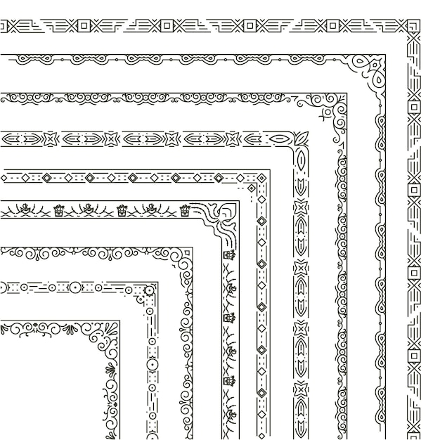 Insieme dell'illustrazione dei bordi d'angolo. cornice ornamentale in stile monocromatico