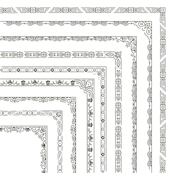 Insieme dell'illustrazione dei bordi d'angolo. cornice ornamentale in stile monocromatico