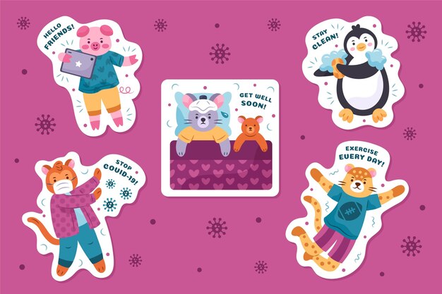 Set of coronavirus concept stickers with cute animals