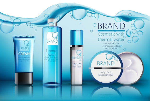 Set of cosmetic with place for text. thermal water, serum, cream, body mask. realistic . product placement. water with bubbles on background – Free Vector Download