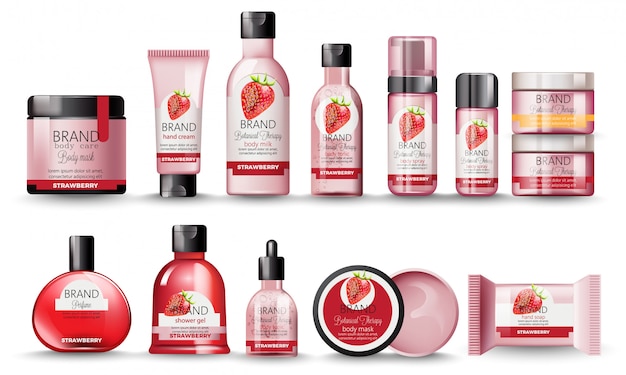 Set of cosmetic with strawberry. Body milk, hand cream, shower gel, perfume, soap, mask and spray