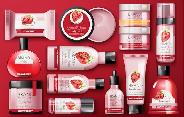 Free vector set of cosmetic with strawberry with place for text on red background. body milk, hand cream, shower gel, perfume, soap, mask and spray