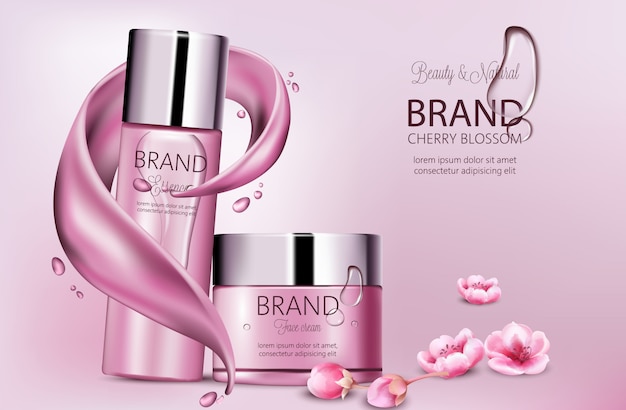 エッセンスとフェイスクリームの化粧品のセット。製品の配置。桜の花。スプラッシュ波と滴。ブランドのための場所。現実的な