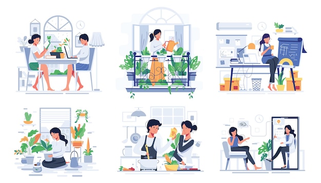 Set of couple lifestyle at home in rest time, cooking or take Care for plants in pots in cartoon character, flat illustration