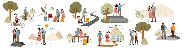 Free vector set couple travel young tourists visit landmarks