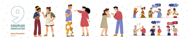 Free vector set of couples conflict quarrel people swear