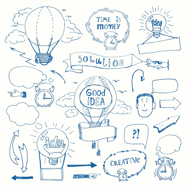 Free vector set of creative doodles thinking concept. business idea, solution, creativity and success.