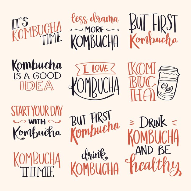 Set of creative kombucha tea lettering