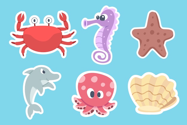 Free vector set of creatures under sea in cartoon style vector