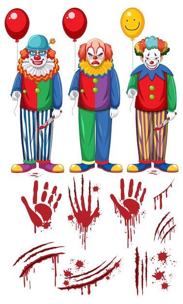 Set of creepy clown characters and elements