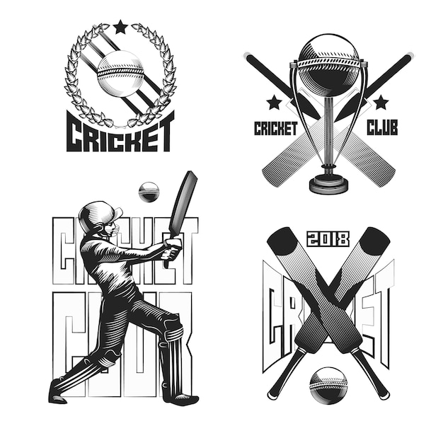 Vettore gratuito set di emblemi vintage di cricket isolato su bianco