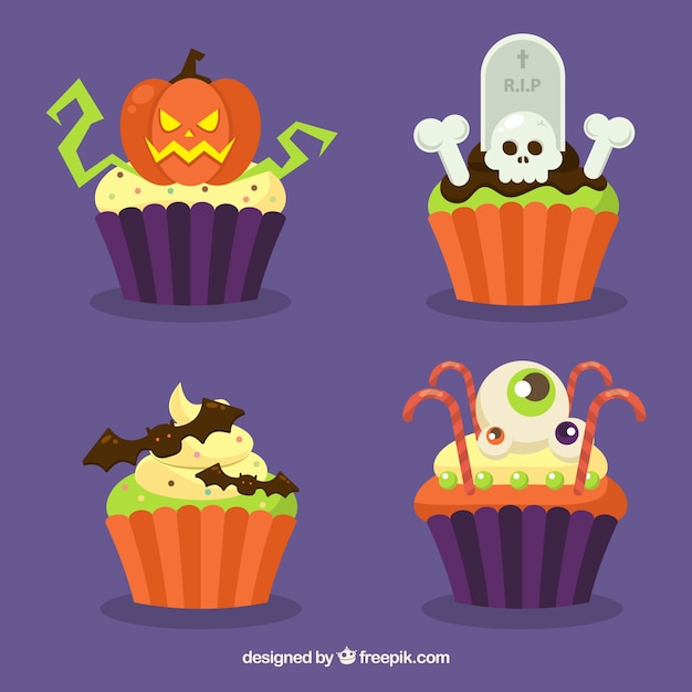 Set of cupcakes with halloween elements