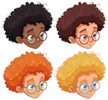 Free vector set of curly hair boy wearing glasses head in different race