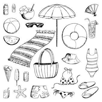 Set of cute accessories for a beach vacation. holidays at sea, summer, beach. vacation theme collection in sketch style. hand drawn vector illustration. black ink contour elements isolated for design.
