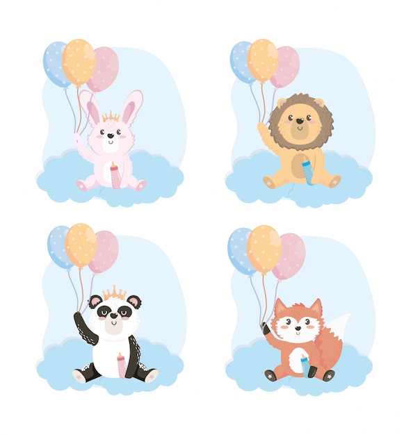 Free vector set of cute animals with feeding bottle and balloons
