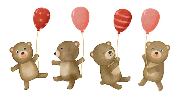 Set of cute bear with balloon in various gesture watercolor painting