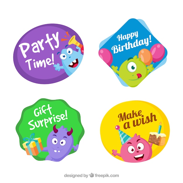 Free vector set of cute birthday stickers with monsters
