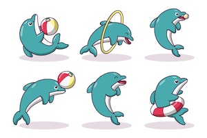 Set of cute blue dolphins in various performings tricks with ball