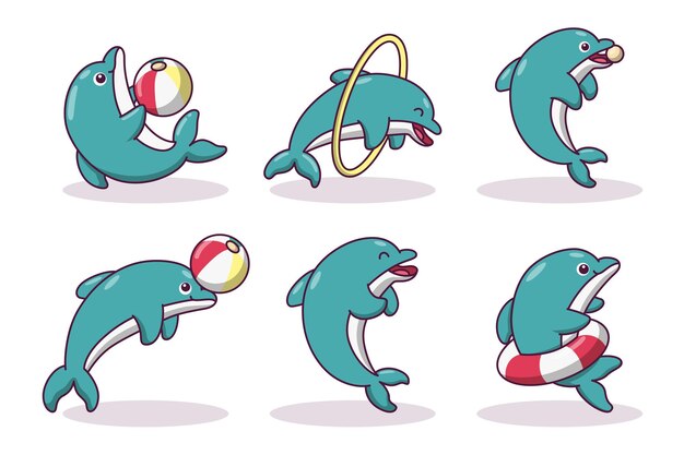 Набор милых голубых дельфинов в различных трюках с мячом