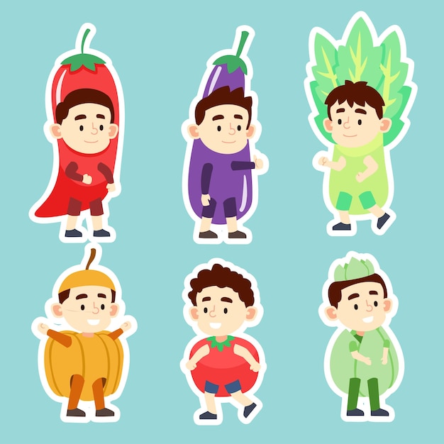 Set of cute boy wearing fantasy clothes in vegetable theme