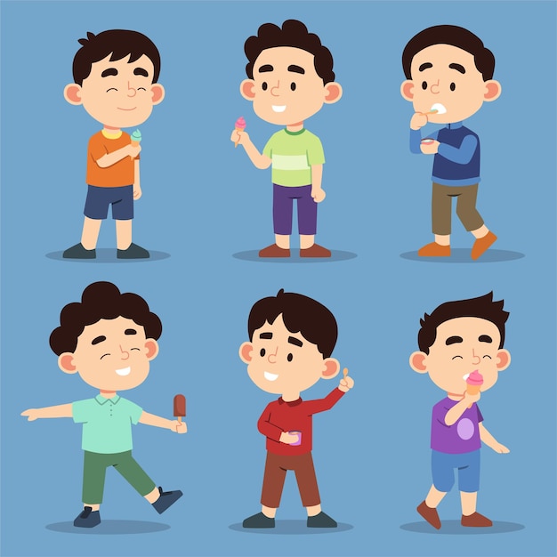 Free vector set of cute boys various activities and emotions cartoon vector