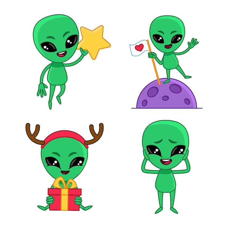 無料Vector ゴールド スターを保持している、クリスマス プレゼントを受け取って、地球上に立ってかわいい漫画エイリアン キャラクターのセット