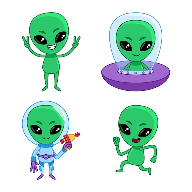 Набор милого мультяшного инопланетного персонажа, показывающего знак, бегущего, сидящего в летающей тарелке