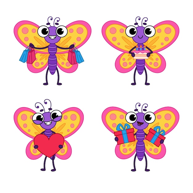 Free vector set of cute cartoon butterfly with birthday cake, shopping bags, heart and gift box